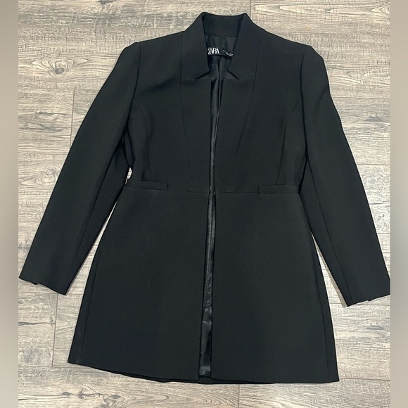 ZARA WOMEN INVERTED LAPEL FROCK COAT LONG BLAZER BLACK CLASSIC SIZE L - Picture 5 of 12